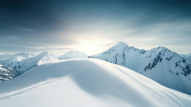Snow mountain landscape with ski track on smooth white snow under cloudy sky, cold winter atmosphere with soft light, distant peak and hill creating peaceful alpine scenery