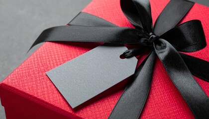 Elegant black ribbon with a blank gray tag mock-up is attached to a vibrant red gift box, creating a sophisticated and festive presentation, perfect for adding a personalized touch
