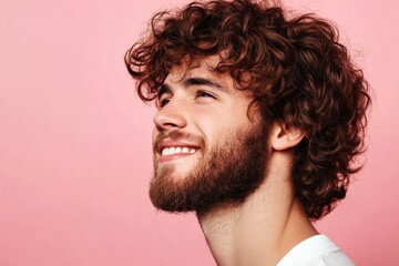 Obraz premium A stylish and confident man with a poised stance. Visual idea of style for aging men. Elegant men's wavy bob haircut - midlife white man with hair. Pink solid background.