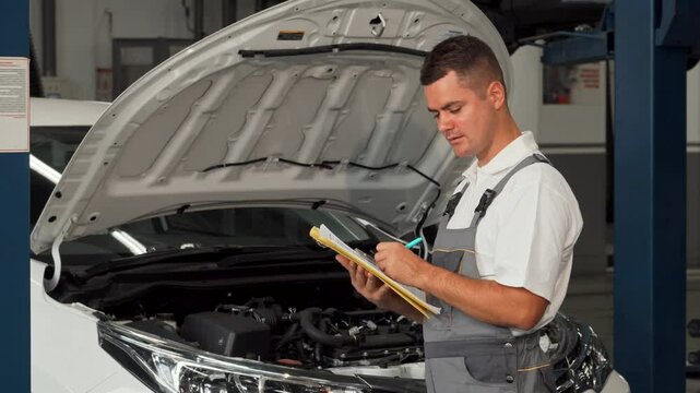 Cheerful car mechanic smiling while filling out paperwork near an open hood