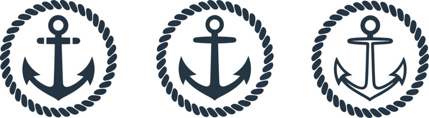Three Nautical Anchor Icons with Rope Border on White Background for Marine Themes