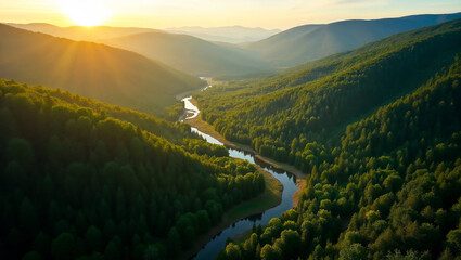 Top view on Scenic river flowing through green mountains at sunrise in golden hour
