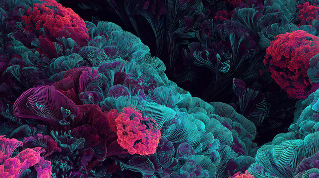 A digital painting of abstract organic patterns resembling glowing roots