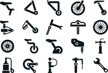 Fototapeta premium Collection of Bicycle Parts and Tools Icons in Black and White Silhouette Style