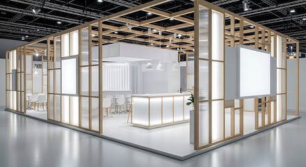 Modern exhibition stand with wooden frame, translucent panels, and minimalist design