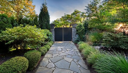 Obraz premium a tranquil pathway composed of stone slabs guides visitors through a beautifully landscaped garden with vibrant greenery and a modern black gate in the background