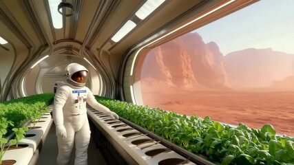 Astronaut in white spacesuit walking through hydroponic greenhouse module with green plants, rocky Martian landscape visible through window, demonstrating sustainable agriculture in space exploration. - Powered by Adobe