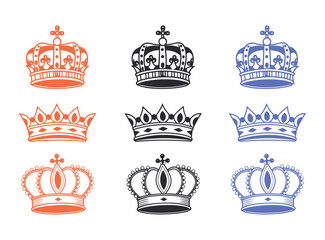 Vibrant Multicolor Crown Vector Icon Set for Royal and Luxury Design Themes