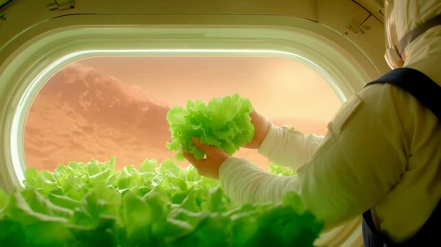 Researcher in protective suit harvesting green lettuce inside spacecraft module with Martian landscape visible through window. Sustainable food production in space exploration context.