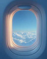 Airplane window view with soft clouds and blue sky during peaceful daylight flight