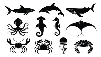 silhouette collection of marine creatures including shark, dolphin, whale, octopus, squid, stingray, crab, turtle, jellyfish, seahorse