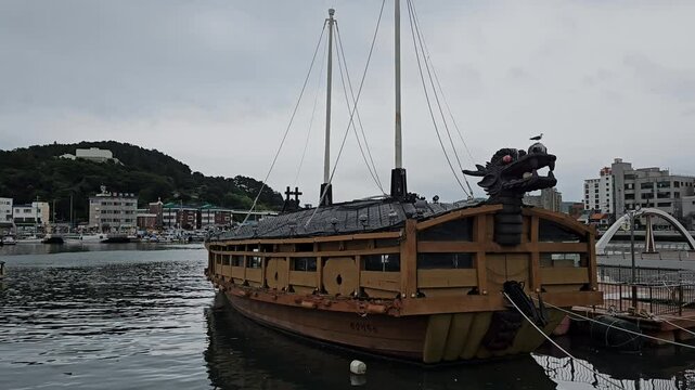 A turtle ship seen off the coast of Tongyeong, South Korea