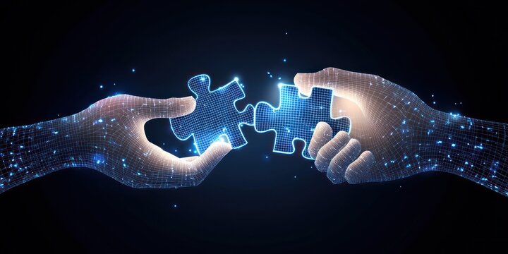 Digital Hands Joining Puzzle Pieces Together Symbolizing Collaboration