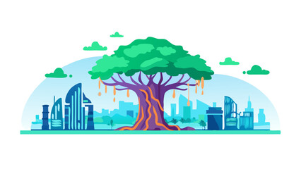 Urban forest explodes with color and life, showcasing harmony between nature and modern architecture