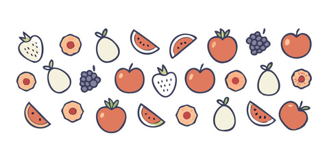 Colorful illustration of various fruits in a playful design suitable for food-related themes