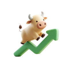 Cute bull mascot on a green up trend arrow pointing upwards on transparent background.