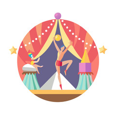 Acrobats showcase their skills during a vibrant circus performance with colorful decorations