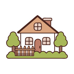 Charming cartoon house surrounded by trees and a picket fence in a cheerful setting