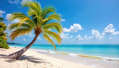 Serene Beach Scene with Lush Palm Tree under Clear Blue Sky and Gentle Waves in Vibrant Tropical Paradise