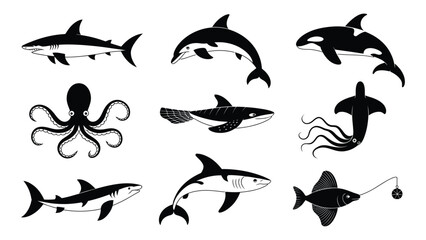set of nine marine animal silhouettes including shark, orca, octopus, and anglerfish in black and white vector illustration