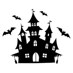 Mysterious haunted house silhouette with bats against a white background during Halloween season