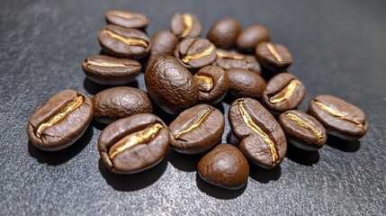 Fototapeta premium Closeup of Roasted Coffee Beans with Golden Accents
