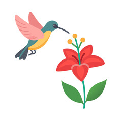 Obraz premium Colorful hummingbird approaching vibrant red flower in a natural setting during a sunny day