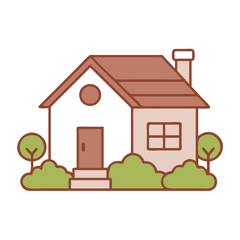 Cozy residential house design featuring a simple structure, garden, and chimney in a minimalist aesthetic style