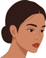 Portrait of beautiful woman with dark hair in bun looking down. Abstract illustration of female face for self-care and beauty concept.