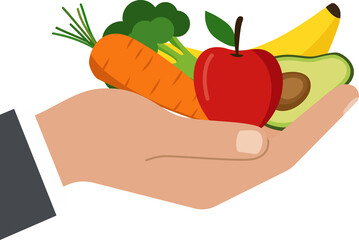 Man's hand holding fresh fruit and vegetable. Healthy eating concept for nutrition and diet. Balanced lifestyle flat vector illustration.