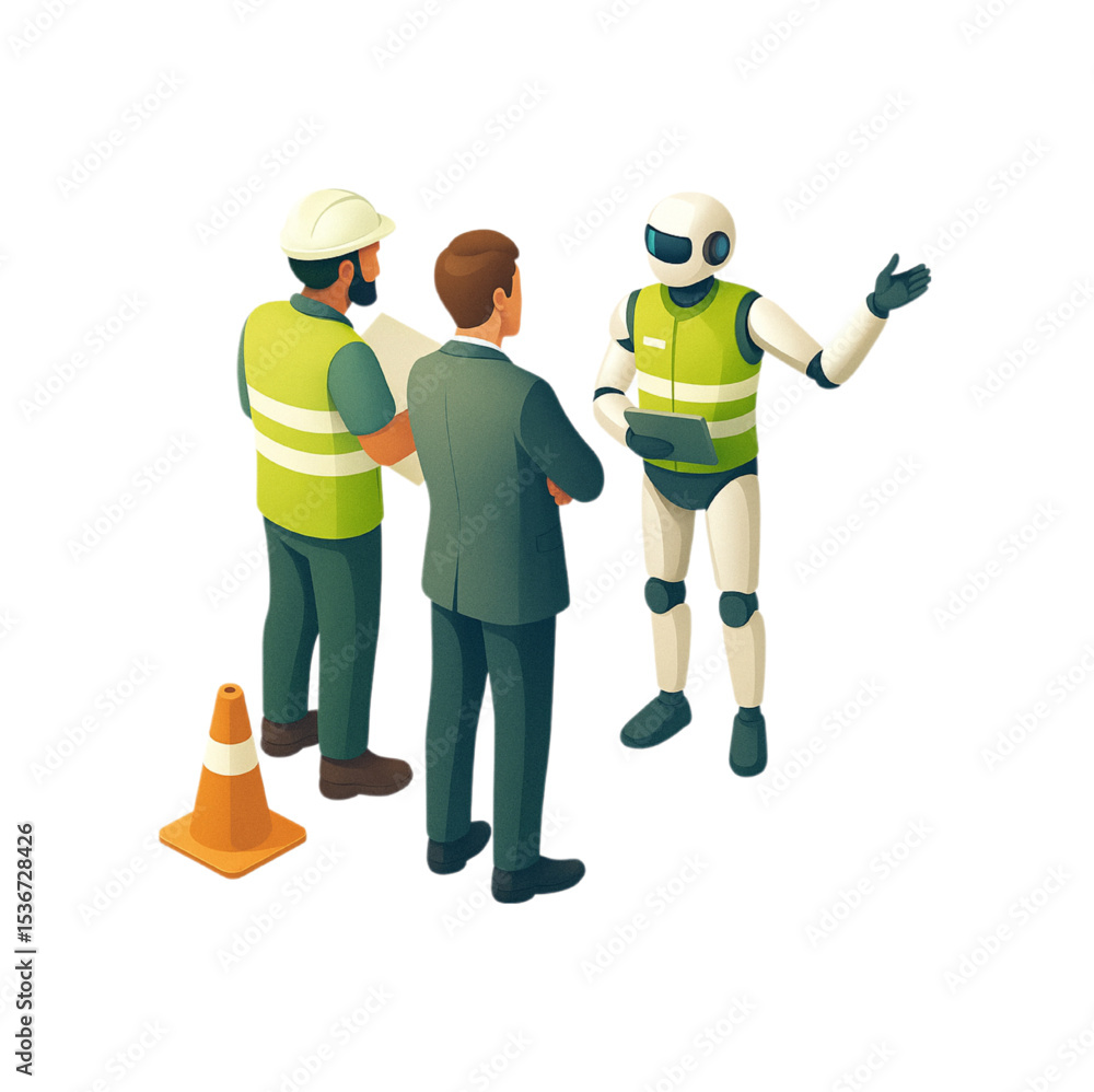 Poster construction worker and businessman consulting with a robot assistant on a project site plan using m