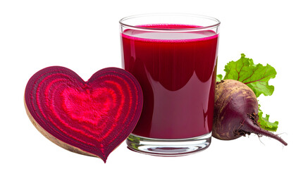 Beetroot Beverage: An appetizing picture of freshly made beetroot juice, the deep red drink stands in a transparent glass, a beetroot heart adorns  Png