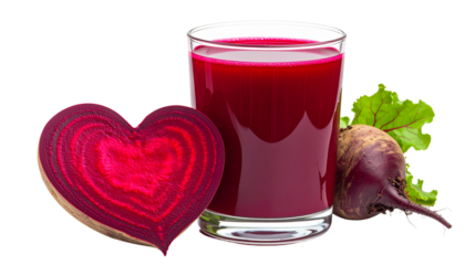 Beetroot Beverage: An appetizing picture of freshly made beetroot juice, the deep red drink stands in a transparent glass, a beetroot heart adorns  Png