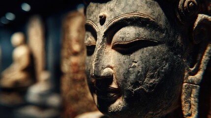 Close-Up of a Stone Buddha Statue, Symbolizing Inner Peace and Spiritual Guidance for Contemplation and Well-being : Generative AI