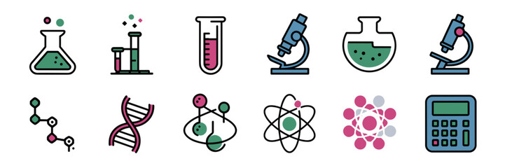 Flat vector icon sheet of science lab and STEM gear – Ideal for educational materials, tech branding, or academic illustrations