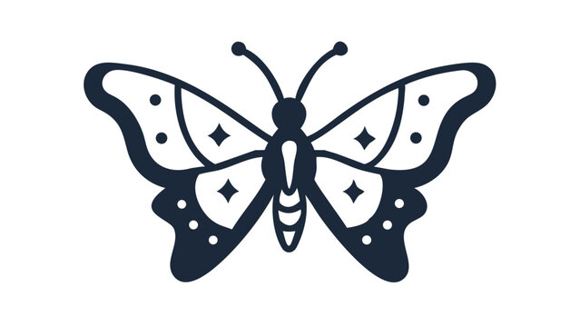 Butterfly design featuring symmetrical patterns and star motifs in a simplistic style on a plain background