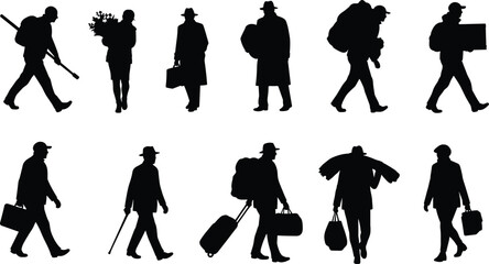 Obraz premium Silhouette walking people with bags, luggage, boxes, cane, bouquet, and coats, travel and journey concept vector illustration design artwork