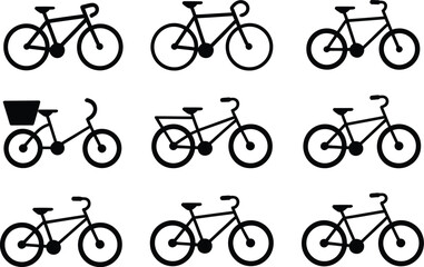 Collection of Bicycle Icons in Black Silhouette on White Background for Transportation Designs