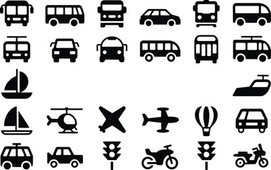 Transportation Icons Set Buses Cars Airplanes Boats Motorcycle Helicopter and Traffic Lights in Black