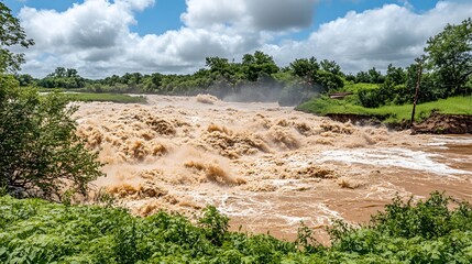 Violent River Flood Water Rushing Through Rapids
