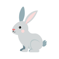 Cute gray rabbit with pink accents sitting calmly on a white background, showcasing its playful features and expressive ears