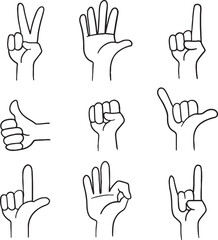 Collection of hand gesture line art, perfect for icons, illustrations, or educational materials. Includes various poses like thumbs up, pointing, peace, and open palms, offering diverse communication.