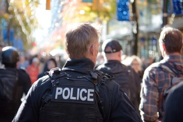 Police Officer on Duty in Crowded City Street, Representing Public Safety and Law Enforcement, with Focus on Community Policing and Order Maintenance : Generative AI