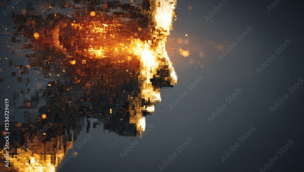 Poster Abstract Digital Face Profile With Golden Light, Representing Artificial Intelligence and Technological Innovation in Business : Generative AI