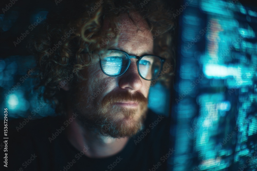 Aufkleber Man With Glasses Looking at Data on Screen, Representing Cybersecurity and Artificial Intelligence Solutions in the Age of Digital Transformation and Innovation : Generative AI