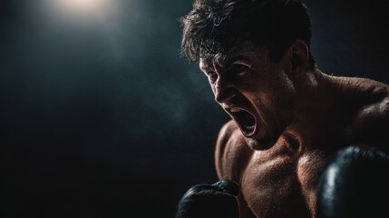 Fototapeta premium Dramatic muay thai fighter roaring in anger kickboxing gym photo-realistic image intense environment close-up viewpoint