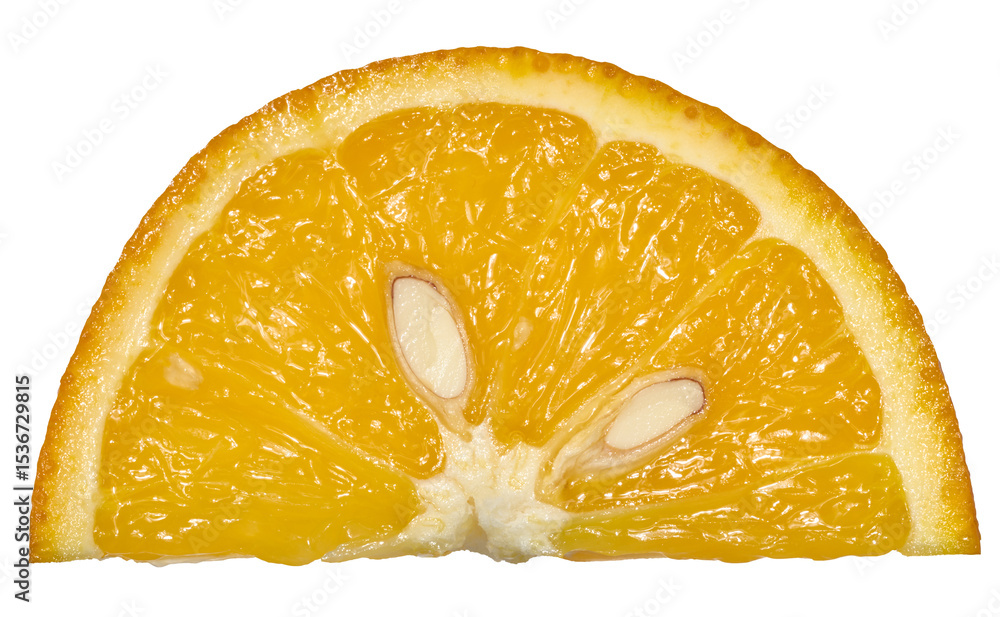 Poster a slice of bright orange orange with visible segments of pulp and thin peel. close-up of a citrus sl