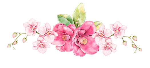 Watercolor floral composition with bright camellias and soft orchids isolated on white. Perfect for elegant invitations, wedding designs, packaging and printable greeting cards.
