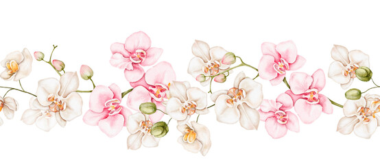 Watercolor seamless repeatable floral border with a blend of orchids and camellias in soft pink tones isolated. Hand painted botanical art for cards, packaging, fabric and creative surface design.