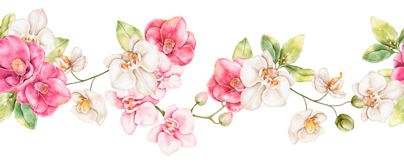 Hand painted watercolor floral seamless repeatable border with vibrant camellias and soft orchids. Elegant botanical design ideal for packaging, invitations, greeting cards and printable surface work.